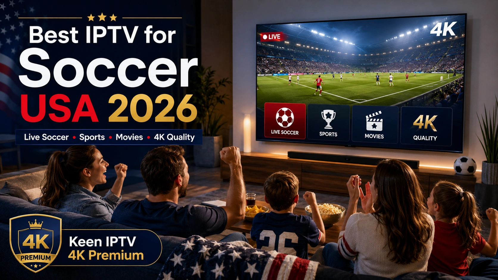 Best IPTV for Soccer USA 2026 with family watching live soccer on Smart TV