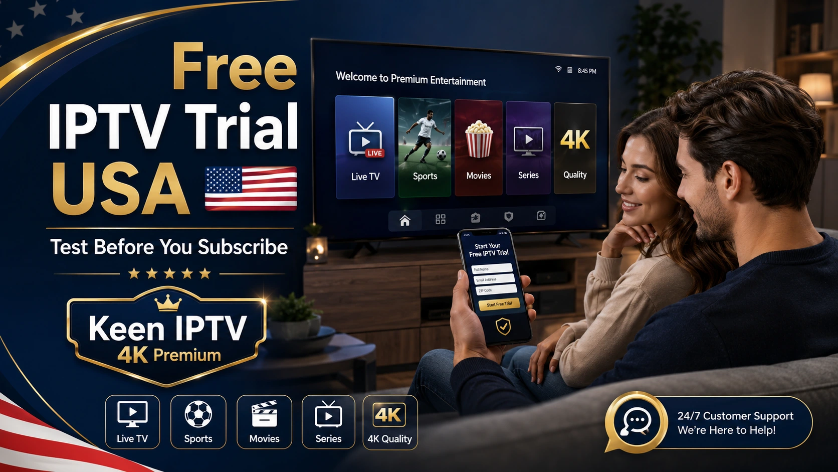 Free IPTV trial USA before subscription with Keen IPTV 4K Premium