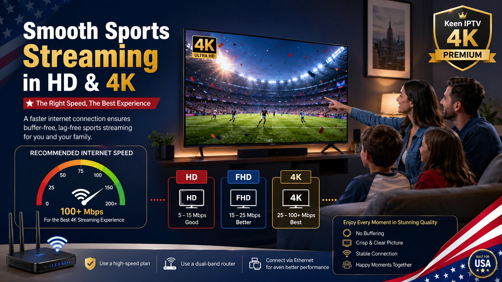 Internet speed for IPTV sports USA HD FHD and 4K streaming