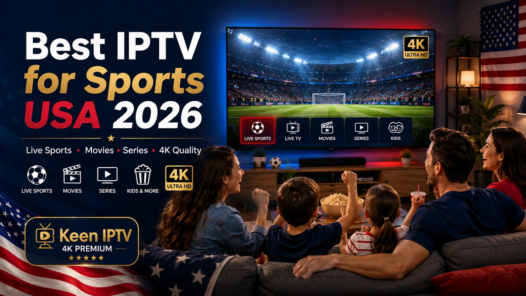 Best IPTV for Sports USA 2026 with family watching live sports on Smart TV