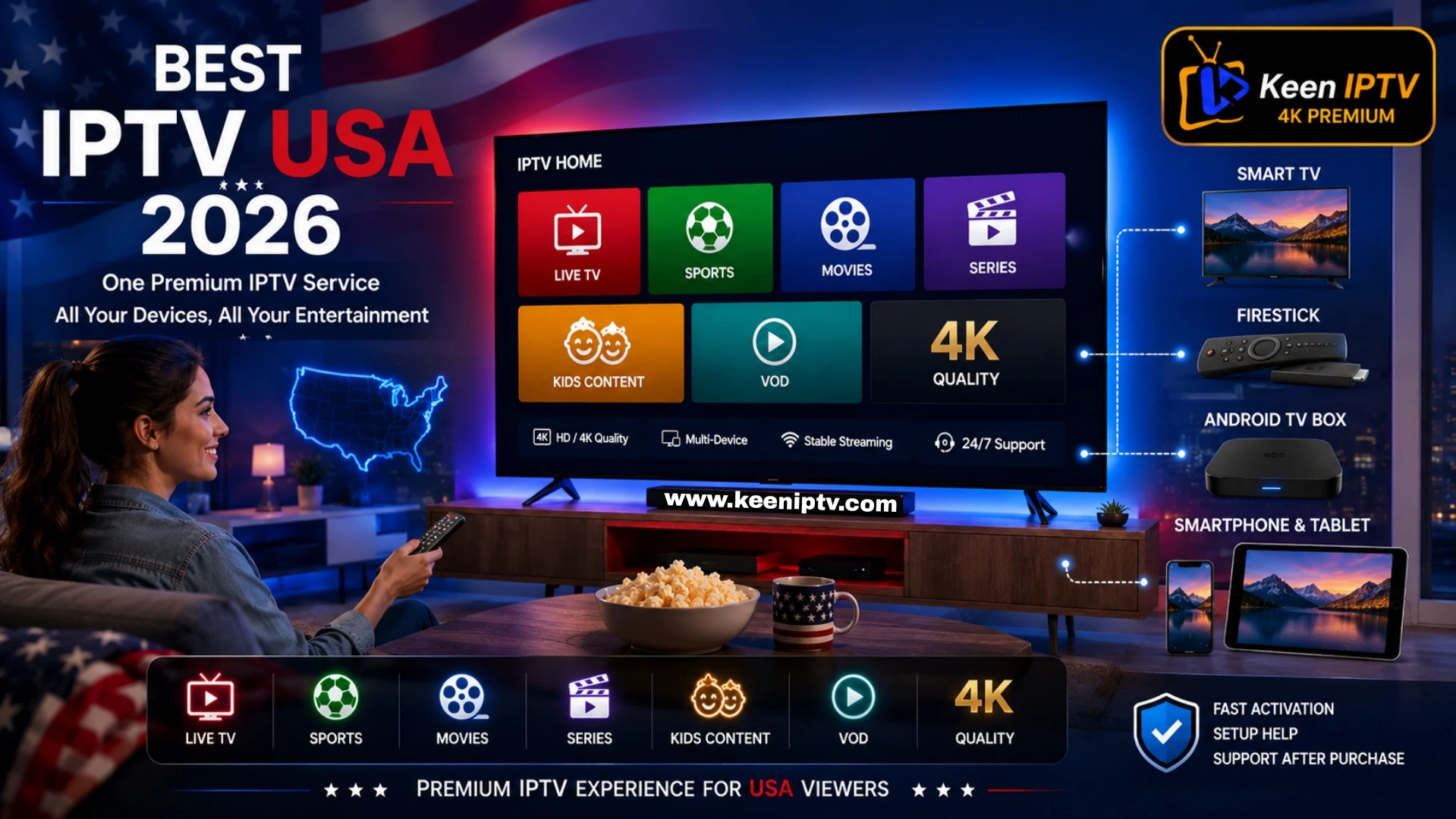 Best IPTV USA devices with Keen IPTV 4K Premium on Smart TV Firestick Android TV smartphone and tablet