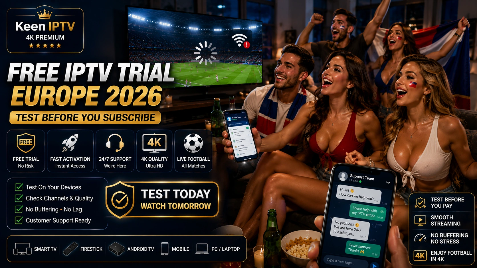 IPTV buffering World Cup 2026 Europe free trial before subscription and support