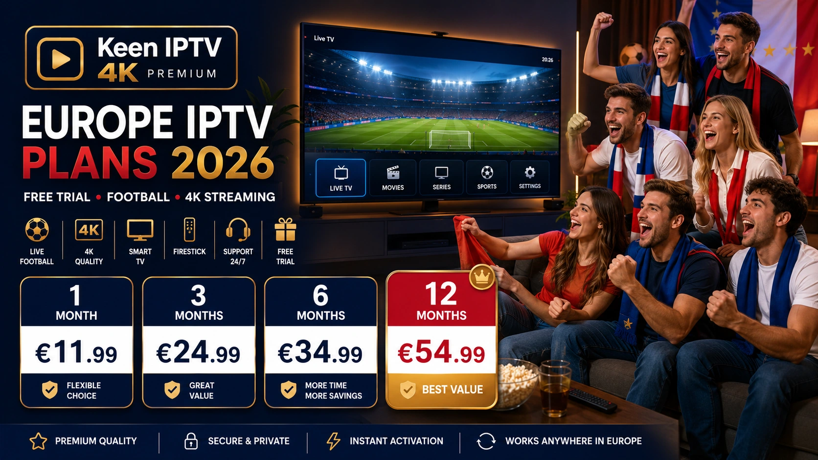IPTV pricing Europe 2026 plans free trial football sports and 4K