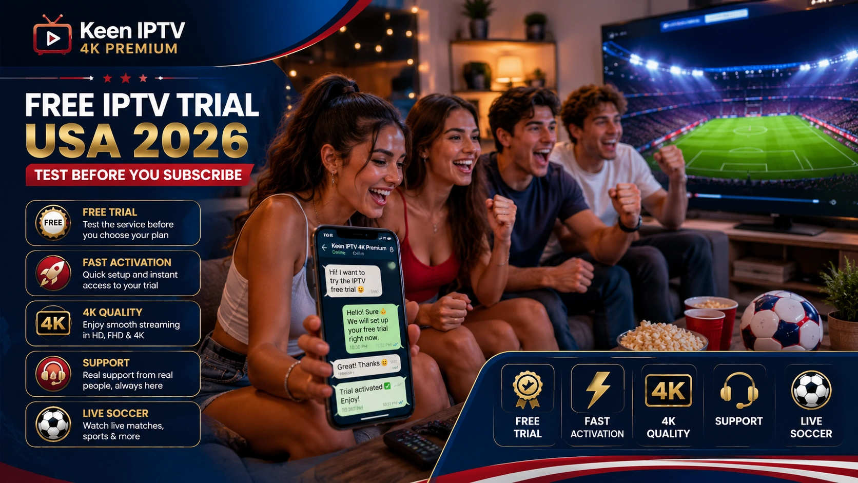 IPTV soccer USA 2026 live sports 4K streaming and free trial