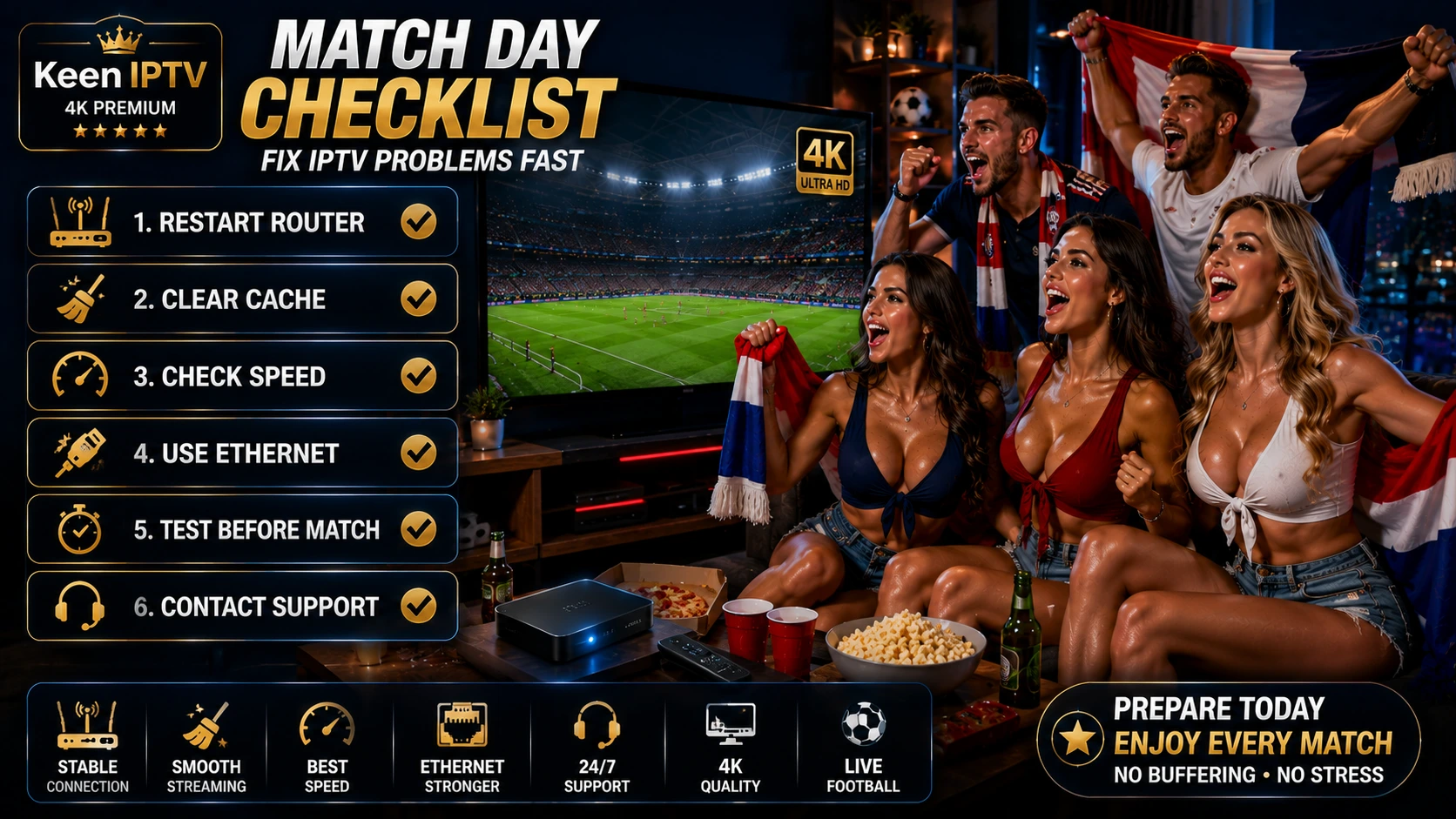 IPTV buffering World Cup 2026 Europe match day checklist restart router clear cache